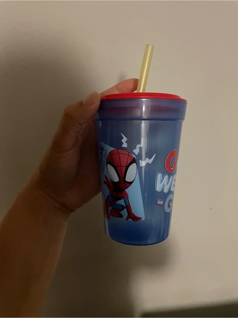 Marvel Spider-Man Blue Cup with Red Lid and Yellow Straw